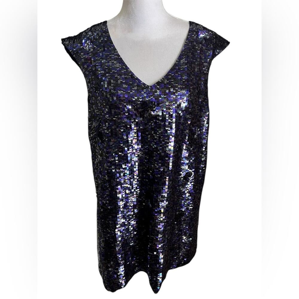 French Connection Sequin Shift Mini Dress Sze 8 Sparkly Glam Iridescent Midnight